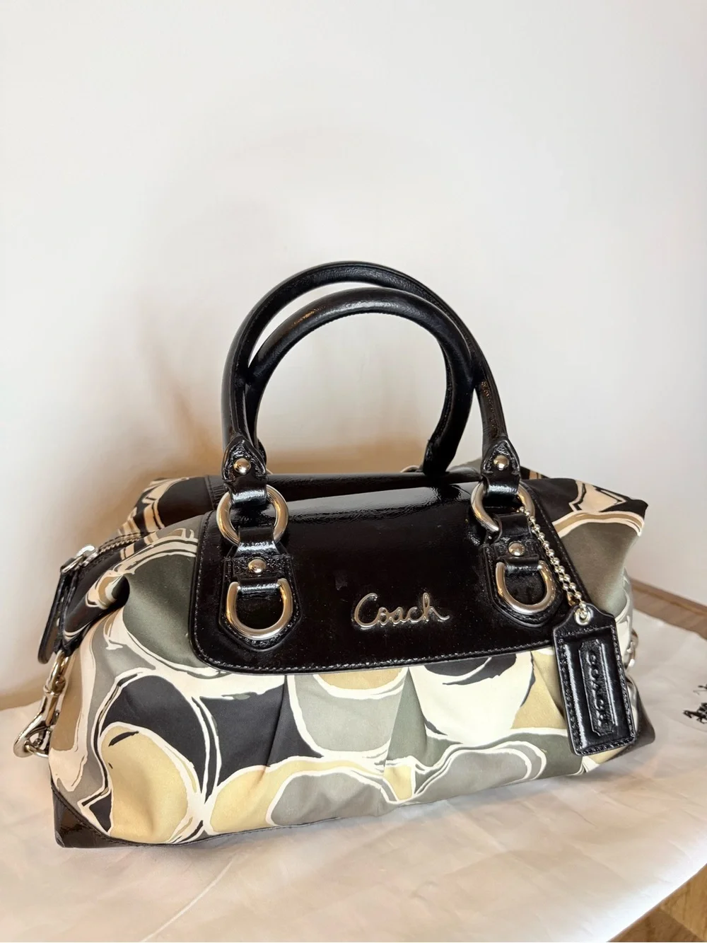 Coach (2011) Ashley Scarf Print Satin Satchel Bag- Black